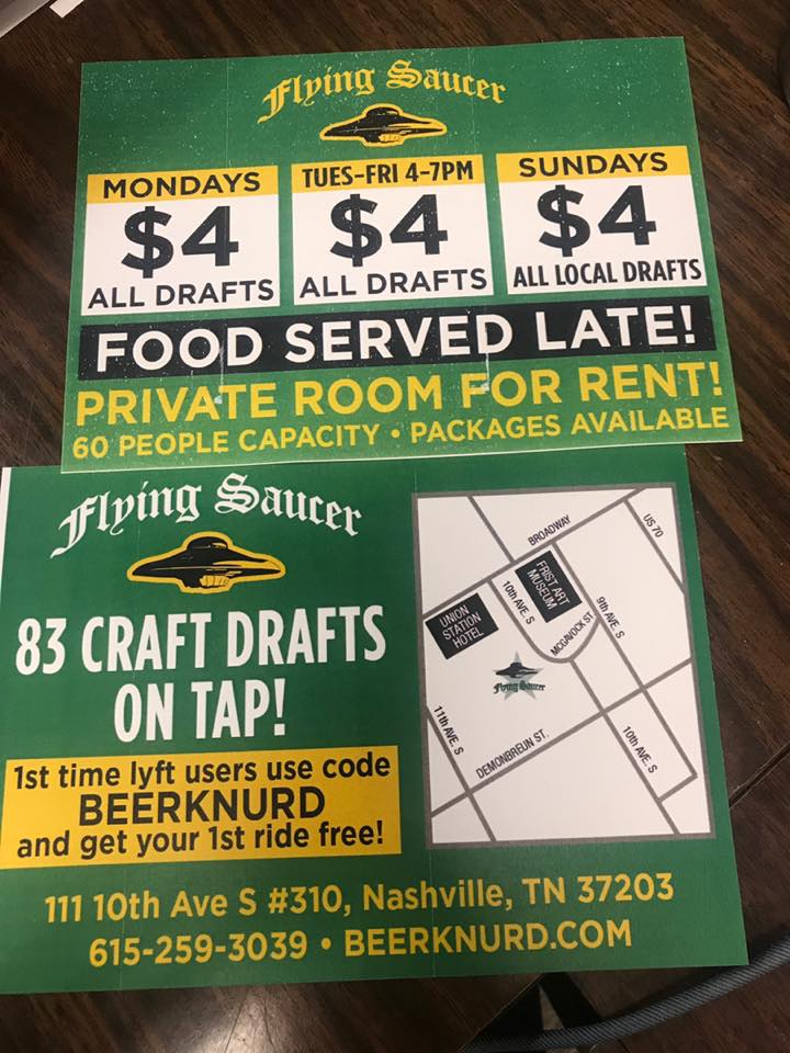 ALMOST everything you need to know!

Addition: we validate parking! Tell the parking attendant you're coming to Flying Saucer and bring your ticket!

Craft beer list, food menu, hours, directions, and more found on our website: beerknurd.com/locations/nash…