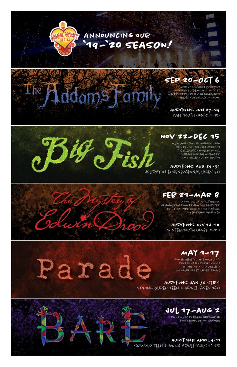 NearWestTheatre's tweet photo. Here’s a glimpse of what’s to come for our 2019-2020 season title art! Which show are YOU most looking forward to? https://t.co/ySU17KALib