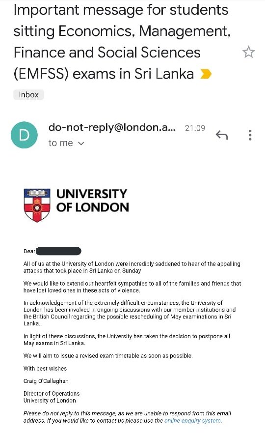 Lishanw's tweet photo. University of London are postponing exams to be held in Sri Lanka next month.
@UoLondon #SriLanka https://t.co/k52xmhPgDA