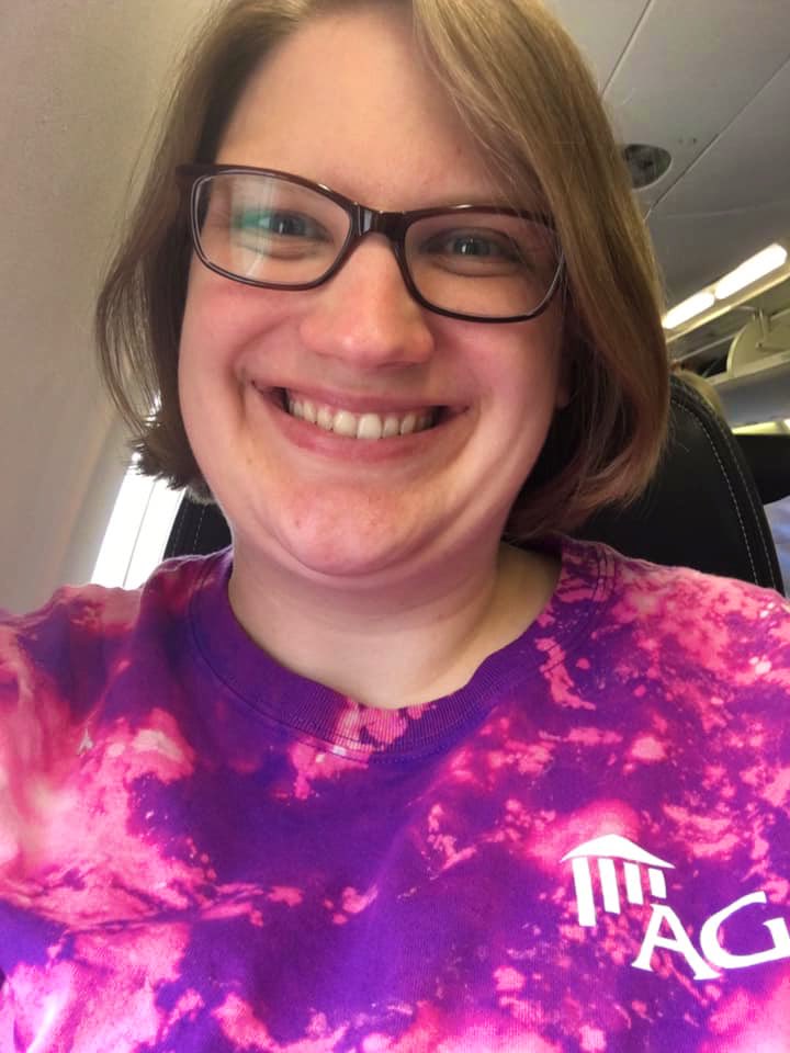 VickyArczynski's tweet photo. This is awesome! Our chapter services manager (@Louise_AGACGFM ) wore one of the hand dyed AGA shirts I made on her flight to Kansas City for #lead19 ��� https://t.co/RFotVGGdns