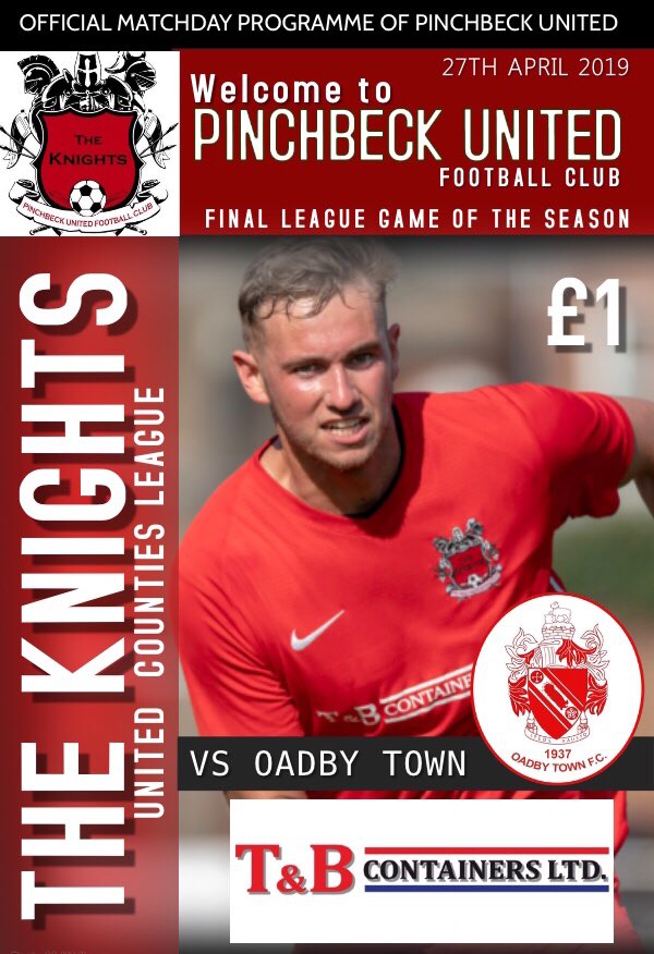 PinchbeckUnited's tweet photo. ⚽📖 @JordanNuttell9 is the cover of tomorrow’s programme for our final League  match of 2018/19 @OadbyTown_FC for only £1

We would like to thank Welland print  for our programmes this year and also @TBContainersLtd this year our main sponsors

#Uptheknights #Lastleaguegame https://t.co/QmVqivyrQY