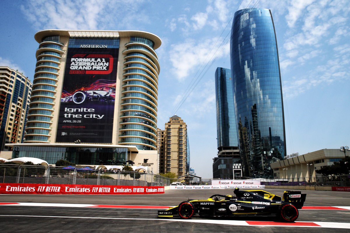 Castrol's tweet photo. #FactFriday ahead of the Baku Street Circuit #AzerbaijanGP 👊

Corners- 20 ✅ 
Length- 6.003km ✅ 
Lap Record- 1:43.441 (2017) ✅
Longest flat out section in F1- 2.2km ✅

We’re right behind you @RenaultF1Team ‼️💪 https://t.co/Yw3oWdyrS9