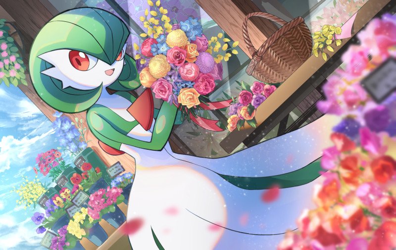 gardevoir pokemon (creature) flower solo smile red eyes open mouth outdoors  illustration images