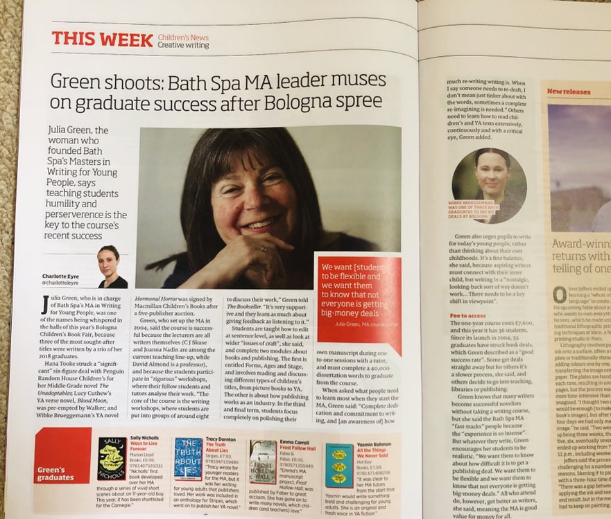 Juliepike's tweet photo. So WONDERFUL to see @JGreenAuthorโs smiling face in todayโs @thebookseller, followed by a great interview about the #MAWYP with @CharlotteLEyre ๐๐๐ https://t.co/4VR3b6hHP8