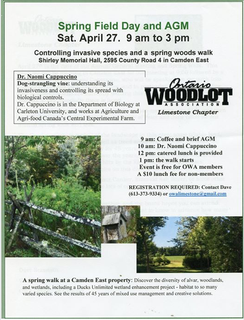 ontariowoodlot's tweet photo. Join the Limestone OWA Chapter April 27/19 in Camden East for a woodland walk and workshop on controlling invasives, including #dogstranglingvine. Register by calling Dave, 1-613-373-9334. https://t.co/QZUvvxDXoq 
@invspecies @SexsmithDave @sarah_harmer @FriendlyFiresca #OWAevent https://t.co/vzHlgijsze