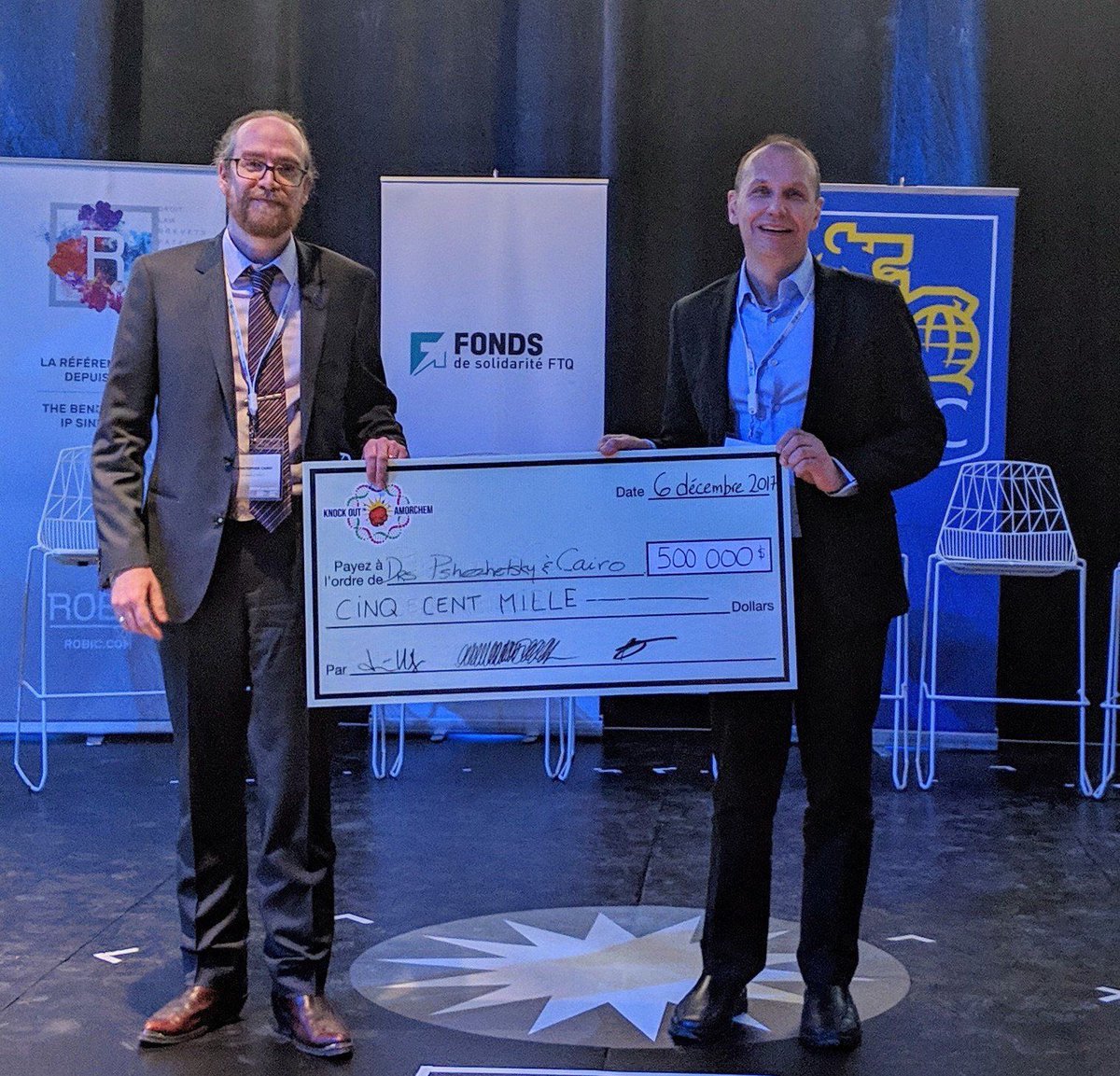 AmorChem's tweet photo. 500,000 congratulations to our KNOCK OUT 2019 winners - Drs. Alexey Pshezhetsky and Christopher Cairo - who rolled with the punches and came back swinging for the victory this year. Bravo! https://t.co/UpcELH2WgB