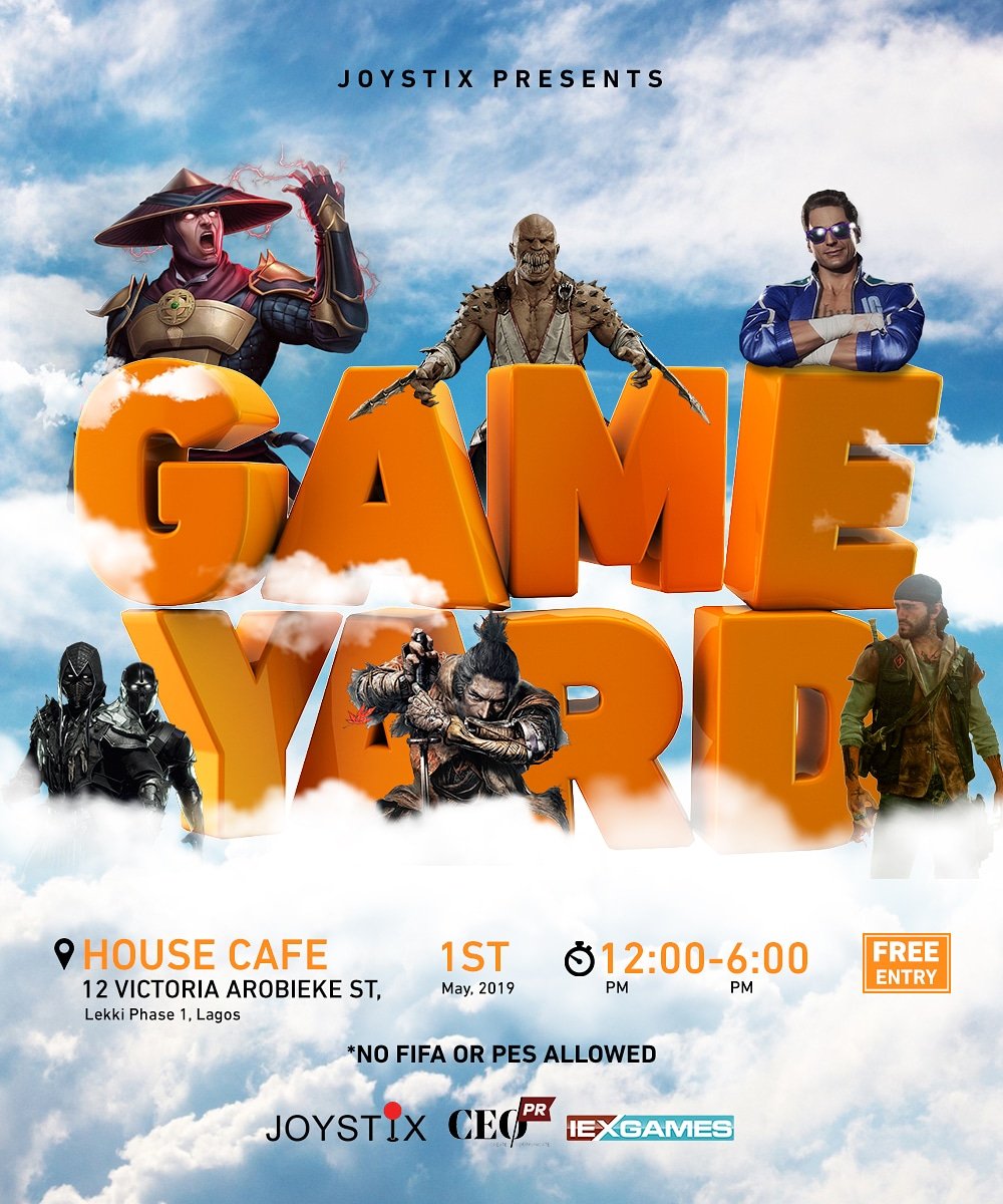JoystixNG's tweet photo. We're all warmed up for Mortal Kombat 11, It's time to take on new challengers @thehousecafe.  @leveluprental will have MK11, Sekiro and etc. Don't forget to bring your consoles/PC, multiplayer games and TVs. Remember NO PES or FIFA allowed #mk11 #gameyard #joystixng https://t.co/y8jjG1BKDJ