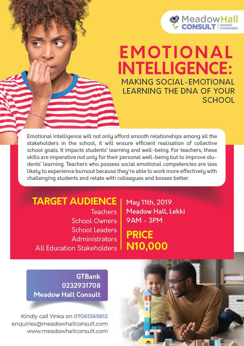 MHallConsult's tweet photo. Avoid burn out!
Work more effectively with students!
Relate better with colleagues &amp;superiors!
Sign up for Emotional Intelligence training on Saturday, May 11, 2019

For further enquiries, please contact 08154658305 or 07061369812 https://t.co/uys6xTAlc2