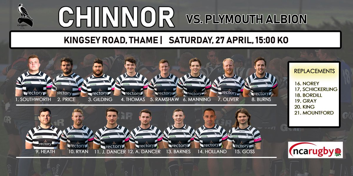 The @ChinnorRugby side to play @AlbionRFC in our final game of the season in @nca_rugby <a href="/national1_rugby/">National 1 Rugby</a>. 
 
   Great to see <a href="/Ramshaw_45/">jack ramshaw</a> return!  Let’s finish the season in style!! 

#protectthenest #chinnorrugby