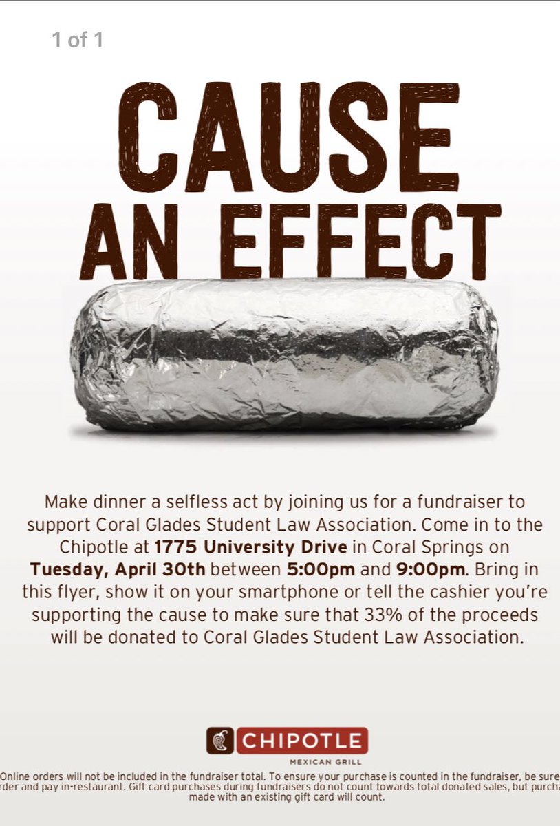 Come Out on Tuesday, April 30th,2019 to SLA social at Chipotle on University Dr. between 5pm-9pm. Please show this flyer to the cashier!!!!!!