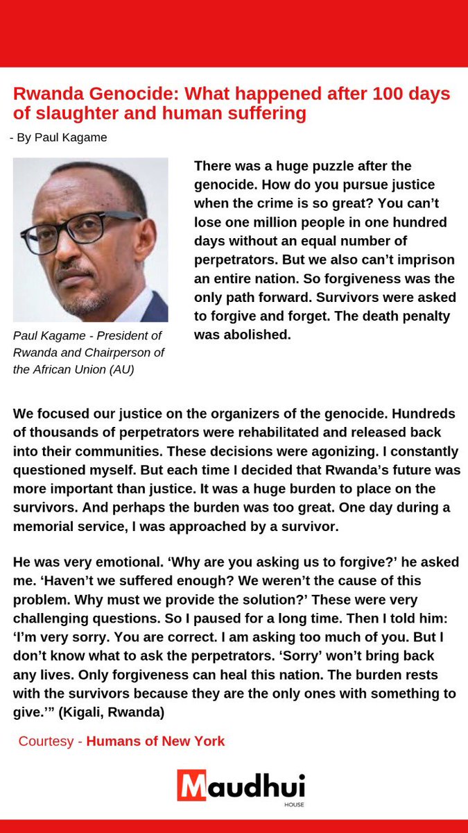 MaudhuiHouse's tweet photo. "You can't loose one million people in 100 days without an equal number of perpetrators, but we also can't imprison an entire nation" ~ @PaulKagame ~ @humansofny https://t.co/rL1e4W32v9