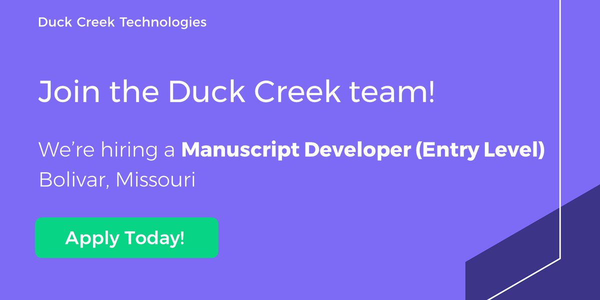Rondonator's tweet photo. The team at Duck Creek helps insurance companies bring amazing ideas to life quickly and easily with software that thinks and works like they do. Looking to hire a Junior Manuscript Developer in our Bolivar office! Interested? Apply here: https://t.co/4QDUWNFTEf https://t.co/aIyGD7dOBT