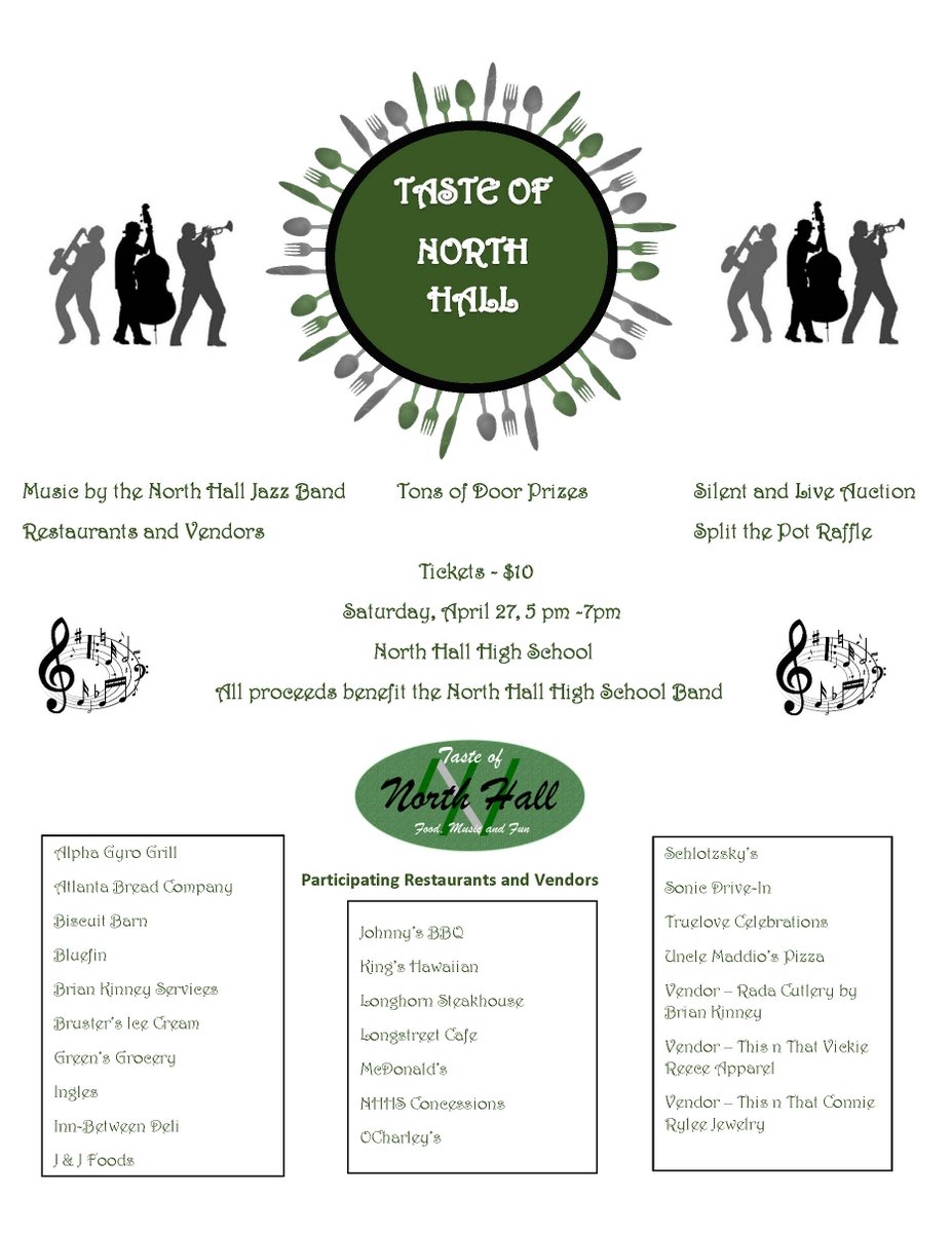 Tomorrow is the Taste of North Hall 13th annual event.  Come join us at the North Hall High School Gym from 5-7.  Sample great food, bid on amazing silent and live auction items all while listening to the soothing sounds from the NHHS Jazz band.  #TONH2019