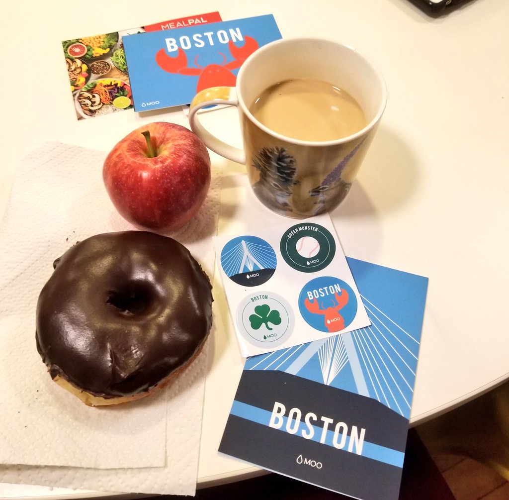 trishofthetrade's tweet image. At @Boston_CM getting some #Boston branded swag from @MOO, some @ErikModahl brewed coffee (brought in my own mug, a gift from @JennyMack), @BostonOrganics fruit, @UnionSqDonuts via @mealpal (I believe? 😁). Missed out on @BaconTruckBOS womp. #cmbos #creativemornings #cminclusion