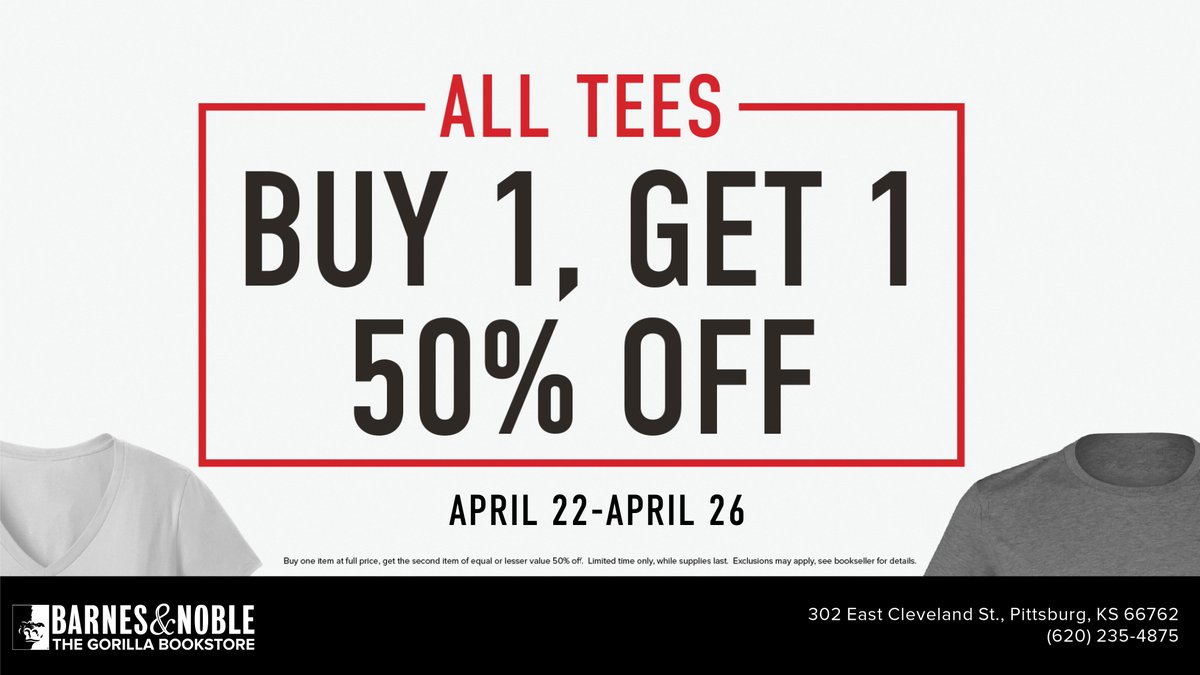 Last day for <a href="/PittStateBooks/">Pittsburg State Bookstore</a> sale!
ALL tees are BOGO 50% off!
Get your gear here buff.ly/2otduqQ or in the Overman Student Center!!