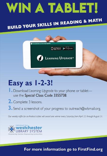 WestLibSys's tweet image. Win a Tablet! We are raffling off one android tablet EVERY Saturday! Check out the flyer on how you can win, and use #LearningUpgrade to build your skills in Reading and Math! Fun for all ages! For more info: firstfind.org