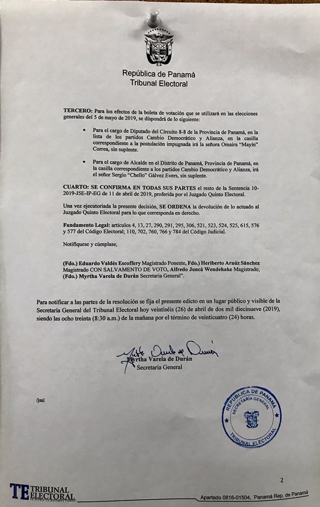 atenogenesR's tweet photo. Martinelli no podrá correr para Alcalde ni diputado en el 8-8, el fallo aclara que como Alcalde correrá Chello Galvéz  y como diputada en el 8-8 Mayin Correa @TReporta https://t.co/sE9nUFapLO
