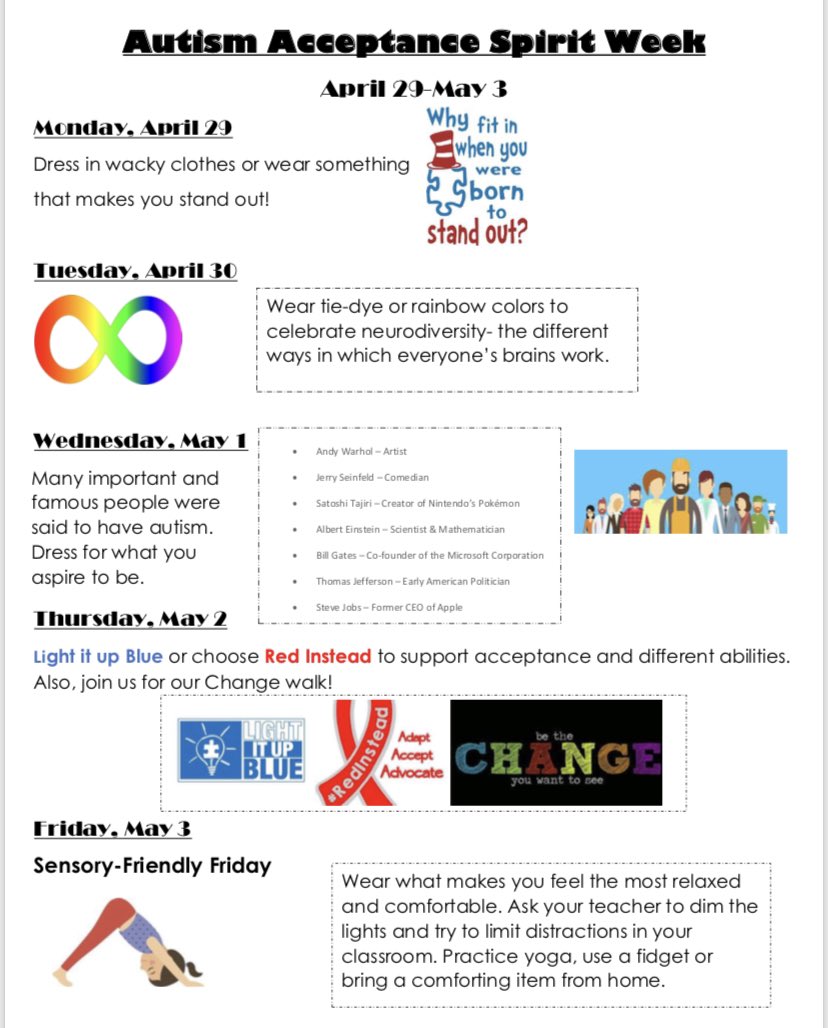 Next week concludes a month’s worth of #AutismAcceptance and #IncreasedAwareness. To show our spirit and what we know, here’s the list of our daily activities, leading up to our school-wide walk-a-thon! #redpillar