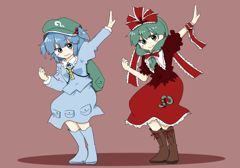 kagiyama hina ,kawashiro nitori multiple girls 2girls blue hair boots green hair front ponytail hat  illustration images
