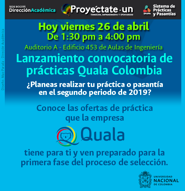 BogDirAcad's tweet photo. #ComunidadUN
HOY VIERNES 26 DE ABRIL.
Convocatoria de prácticas Quala Colombia.
Invitación para estudiantes de Ingeniería de Sistemas y Computación, Ingeniería Industrial e Ingeniería Química.
#ProyéctateUN #SPOPA
@IngenieriaUNBog @un_bogota https://t.co/sOr1IwIaVk