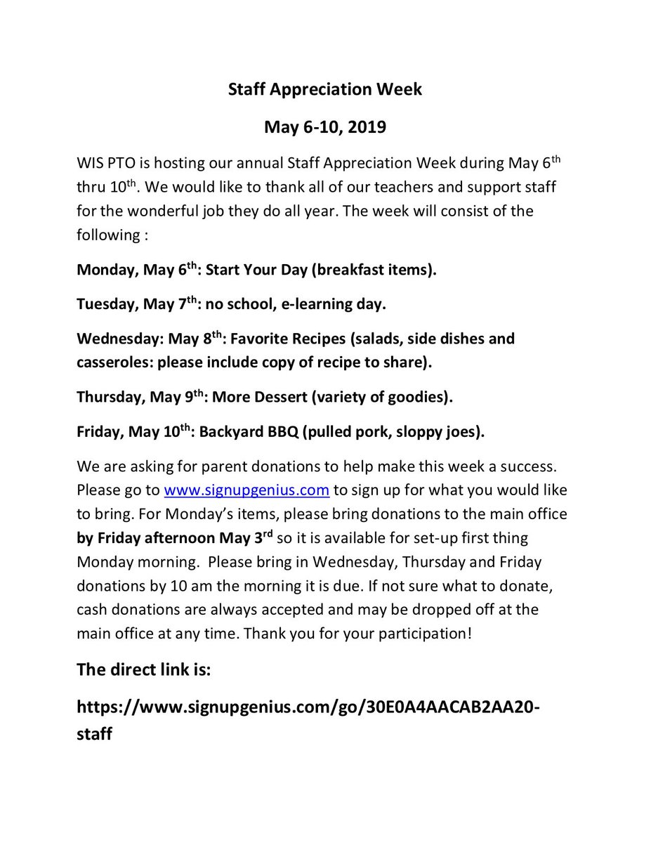 WestchesterInte's tweet photo. WIS Family:

WIS PTO is hosting its annual  "Staff Appreciation Week" from May 6th through May 10th - please see the attached for information on how you can be a part of it! https://t.co/VQZP03vM9t