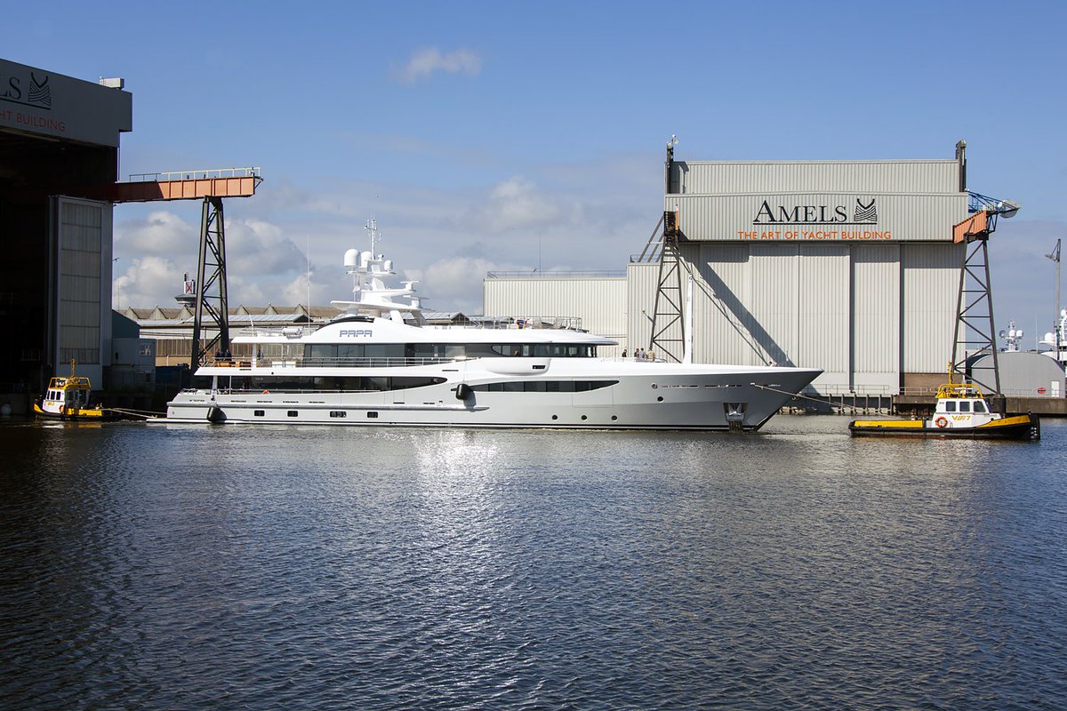 Dutchyachting's tweet photo. #AmelsHolland’s 55m/ 180’4” #YN473 left the #shed this morning with her name “#Papa” clearly visible. Photos by @maritimephoto. https://t.co/qqKX9UkOrg