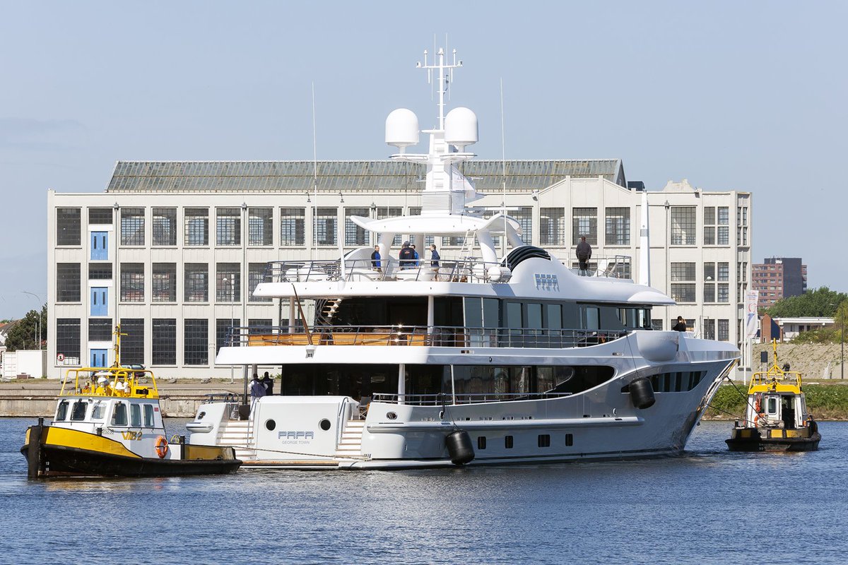 Dutchyachting's tweet photo. #AmelsHolland’s 55m/ 180’4” #YN473 left the #shed this morning with her name “#Papa” clearly visible. Photos by @maritimephoto. https://t.co/qqKX9UkOrg