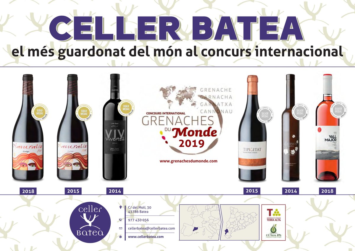 CellerBatea_'s tweet photo. Amb tres medalles d'or i tres de plata, #CellerBatea es converteix en el millor guardonat del món en el concurs internacional #Grenachesdumonde2019 #NaturalisMer #Vivertell #Vallmajorrosat #Tipicitat #EquinoxBlanc https://t.co/N3cBrpng4G