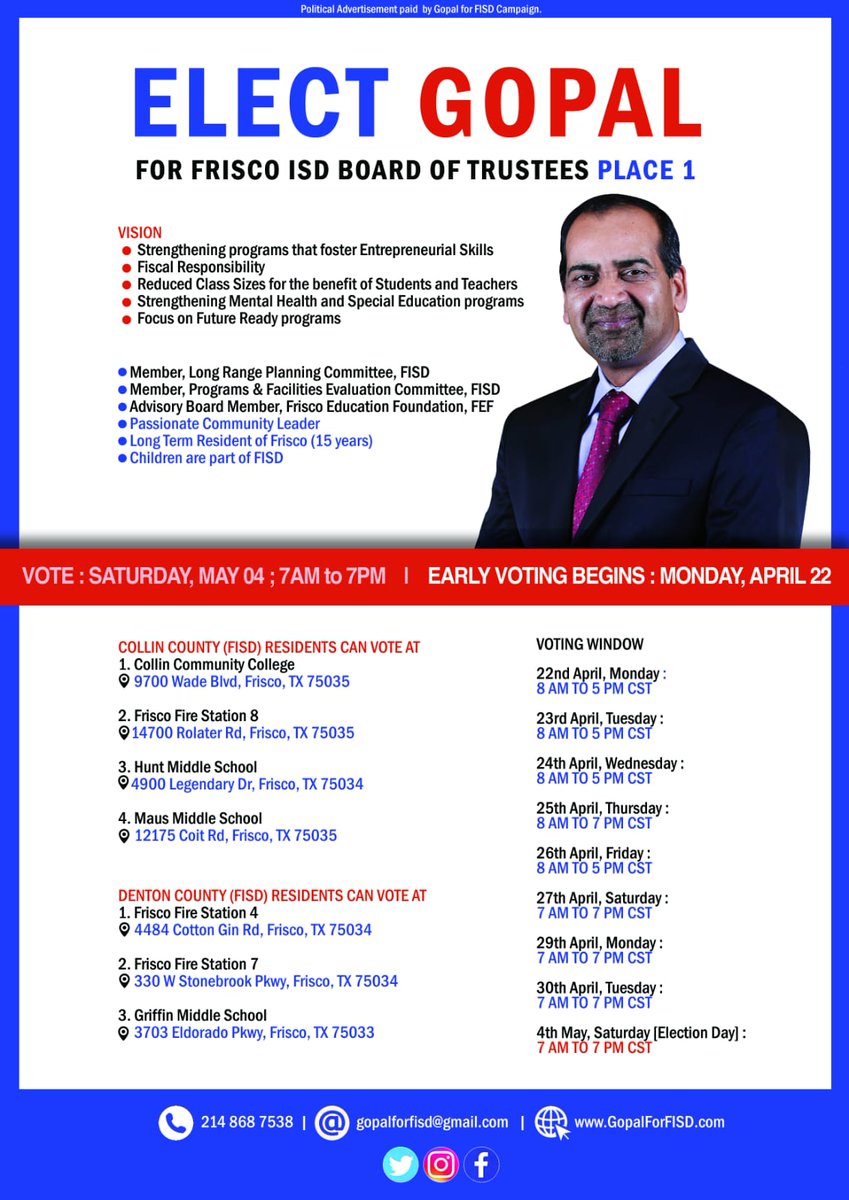 VoteForGopal's tweet photo. Please vote TODAY. Polling open until 5 pm. For locations and Directions: https://t.co/qpttqYHz2P
#GoGopal #GopalForFISD #GopalForFISDPlace1 #FISD #Elections #GopalPonangi #Gopal #VoteGopal #friscoisd https://t.co/hFjWAPeciH