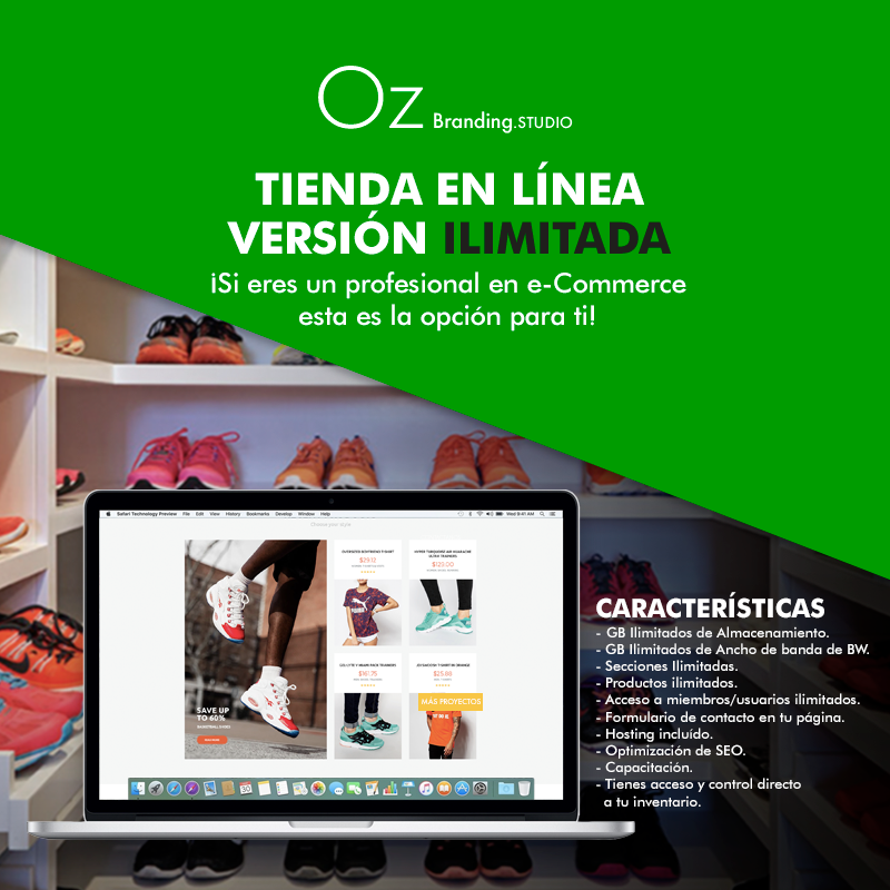 La tienda en línea del tipo "ilimitada" te brinda la ventaja de poder subir a tu sitio la cantidad de productos que desees, así como secciones ilimitadas y la cantidad de usuarios que requieras. Consúltanos tus dudas en e-Commerce y realiza tu sitio web con nosotros.