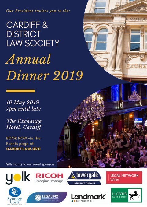 We’re delighted to announce that our Annual Dinner is SOLD OUT! We have  over 380 guests to fill the @exchngecardiff &amp; can’t wait to see you all on the 10 May! A HUGE thanks to our sponsors <a href="/Towergate/">Towergate Insurance</a> <a href="/RICOHWALES/">RICOH WALES 🏴󠁧󠁢󠁷󠁬󠁳󠁿</a> @Legalinx <a href="/LandmarkInfo/">Landmark Information</a> <a href="/HughJamesLNW/">Legal Network</a> @Yolk_Recruit &amp; #synergycosts