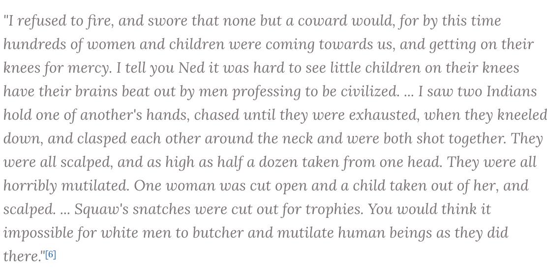 The rest of the cavalry massacred the encampment in an incident that became known as the Sand Creek massacre. Soule reported what he witnessed, writing this to his former commanding officer: <8/13>