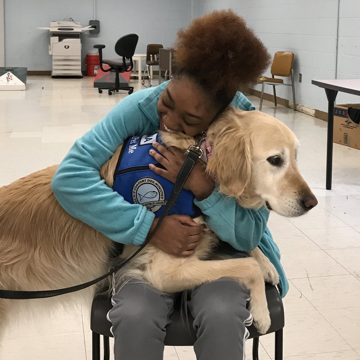 LCCK9Anna's tweet photo. A big "thanks you" to my new friends at #ToledoEarlyCollege for sharing love, comfort, and destress time before state testing next week. What a hard-working, friendly group of students, they will go far! @K9ComfortDogs #ComfortTime #GoldenHugs #LeadersOfTomorrow https://t.co/LFGmqJUvdn