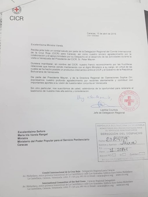 carlaangola's tweet photo. Vergonzosa carta de la Cruz Roja Internacional alabando la "labor" de la ministra de Maduro y jefa de colectivos y pranes en Venezuela, Iris Varela. Reconocen la "digna" labor de su despacho de revender la ayuda humanitaria. https://t.co/Kqj6ZfY9IM