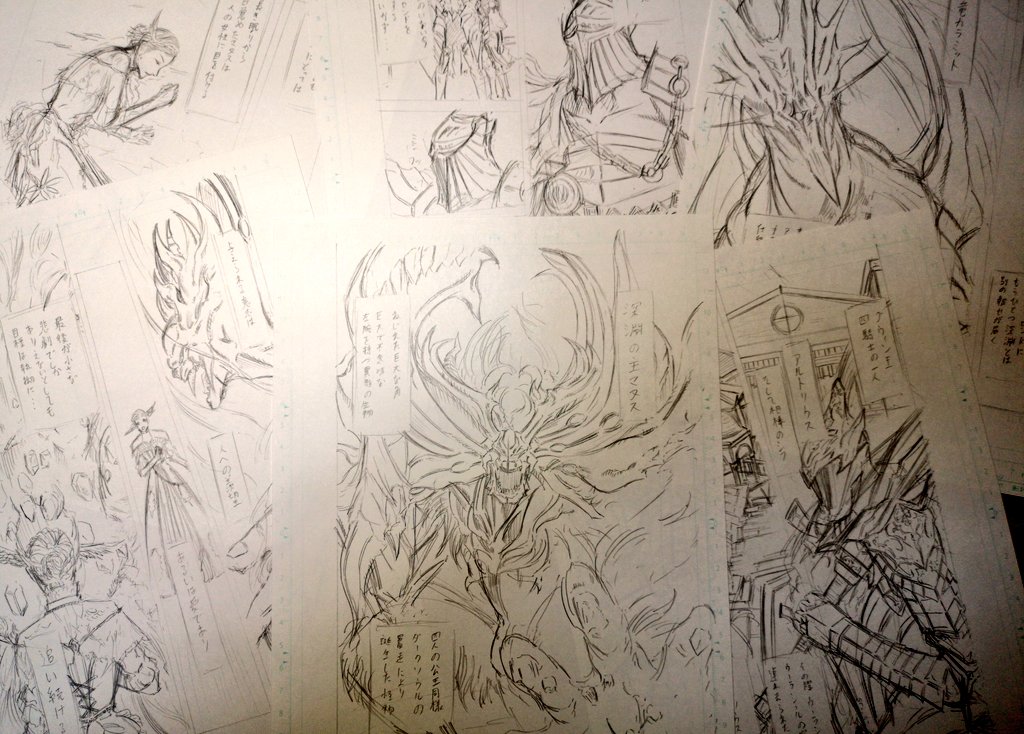 ダークソウル考察漫画第6話、下描きが終わったのでペン入れに取りかかります。今回のメイン達です。 