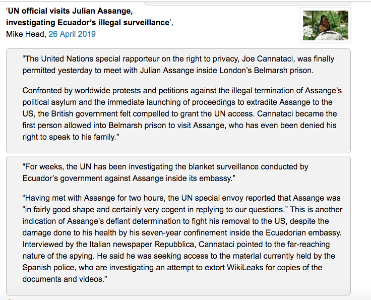 A2ndEnding's tweet photo. @blandisgrand @wikileaks Correct. Absolutely NOT enough.

FWIW, as of today, only video conferencing has been allowed with his law team. 

The only individual to actually MEET with Julian in person : https://t.co/oJlw9SA6rb