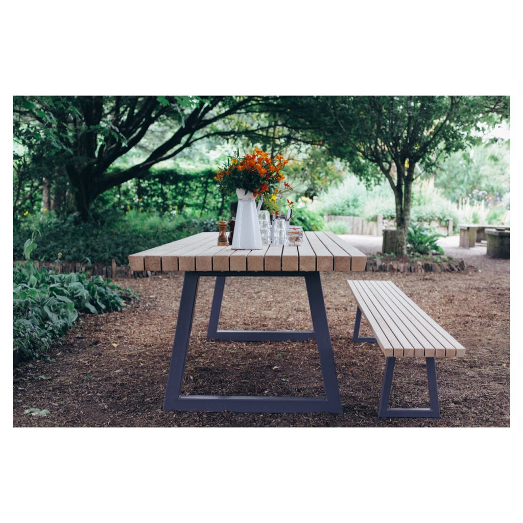 Outdoor STRANGER table and bench. Ready for summer feasts #outdoorfurniture #picnicbench #outdoorseating