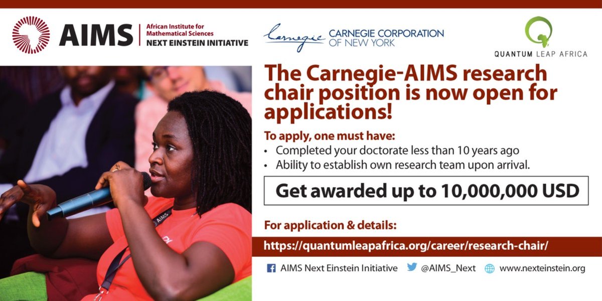 AIMS__Network's tweet photo. Get awarded up to 10,000,000 USD!!

The Carnegie-AIMS research chair position is now open for applications!

Apply via https://t.co/HvThvcSWXi

Deadline: Reviews will be done once every two months until positions are filled.

#AfricasEinsteins https://t.co/gkJQyBIonb