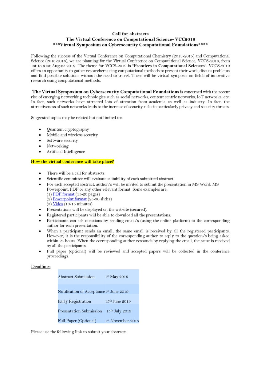 RymaAbassi's tweet photo. Call for abstracts for #VCCS2019 is open. 
 We look forward to receiving your abstract before the 1st of May through the following link:    https://t.co/8muek6UyRA
  
 #security #computational https://t.co/Us17iyc3fC