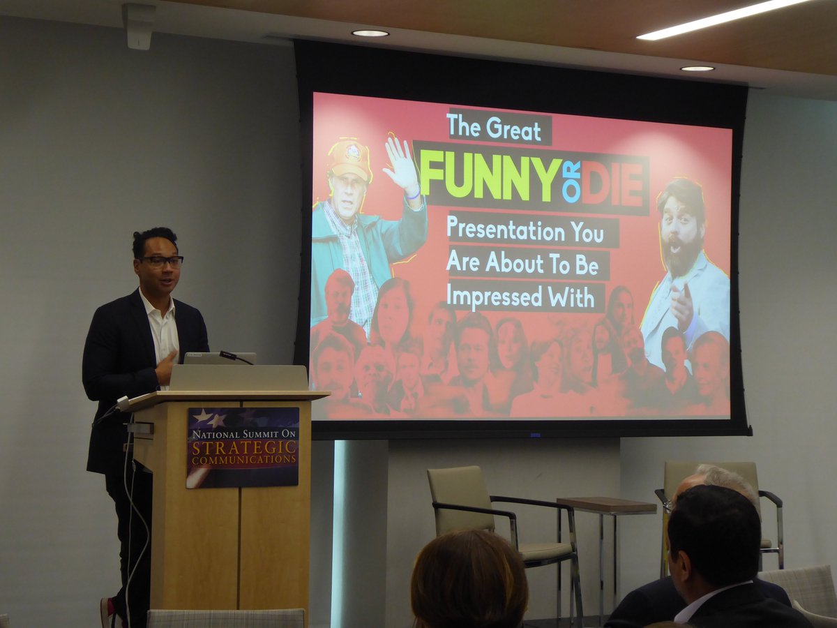 StratCommWorld's tweet photo. Mission of @funnyordie is to make people laugh and use comedy to create social good. “You’re never more yourself than when you’re laughing.” – @bradjenkins #StratComms19 https://t.co/HcXCrRolsN