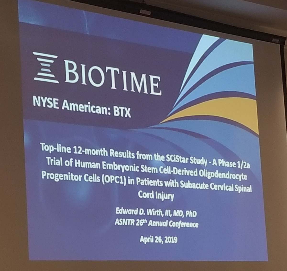 Invited speaker Dr. Ed Wirth of @BioTimeBTX presents topline data from the #SCiStar study here at #ASNTR19!
#celltherapies #stemcells #Spinalcordinjury #spinalcordinjuryclinicaltrials