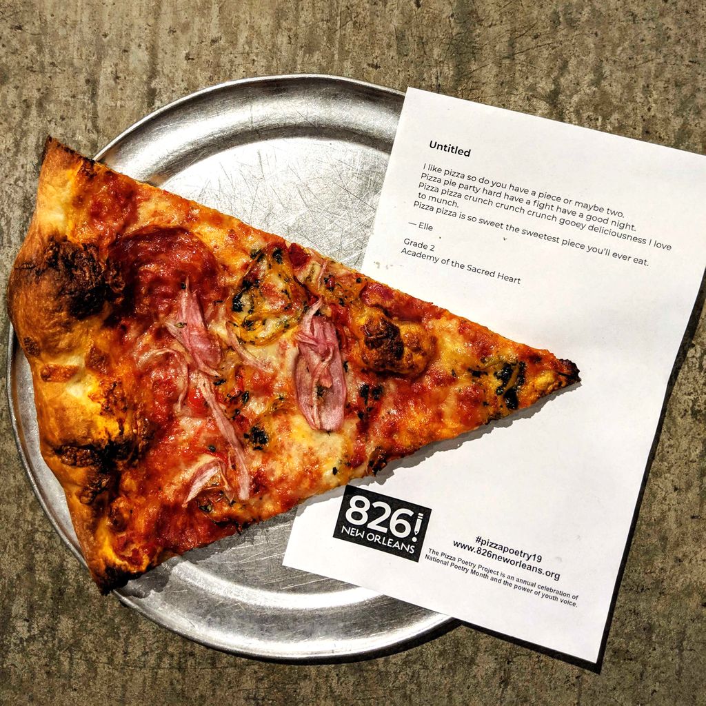 PIZZA POETRY DAY IS HERE! Get a poem by a young writer with every order. A sonnet with your spaghetti! A ballad with your bucatini! A pantoum with your pie! 20% of sales to <a href="/826neworleans/">826 New Orleans</a>! #pizzapoetry19