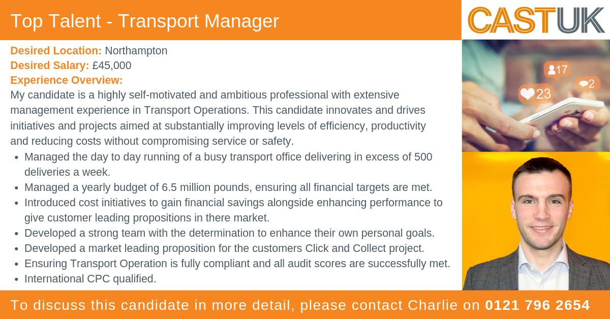 Cast_UK's tweet image. Top Talent: A highly ambitious Transport Manager with extensive experience in Transport Operations. To find out more about this candidate get in touch with Charlie on 0121 796 2654...

#TransportPlanning #TransportOperations #Logistics #TransportPlanning #TopTalent
