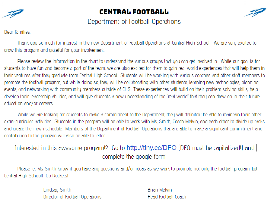 There's still time to get involved in the Dept. of Football Operations!  All CHS students for the 2019-2020 school year welcome!  Don't miss the opportunity to become part of the team! Go to tiny.cc/DFO to get involved! <a href="/CoachMelvin49/">Coach Melvin</a> <a href="/Central301/">Central 301</a>