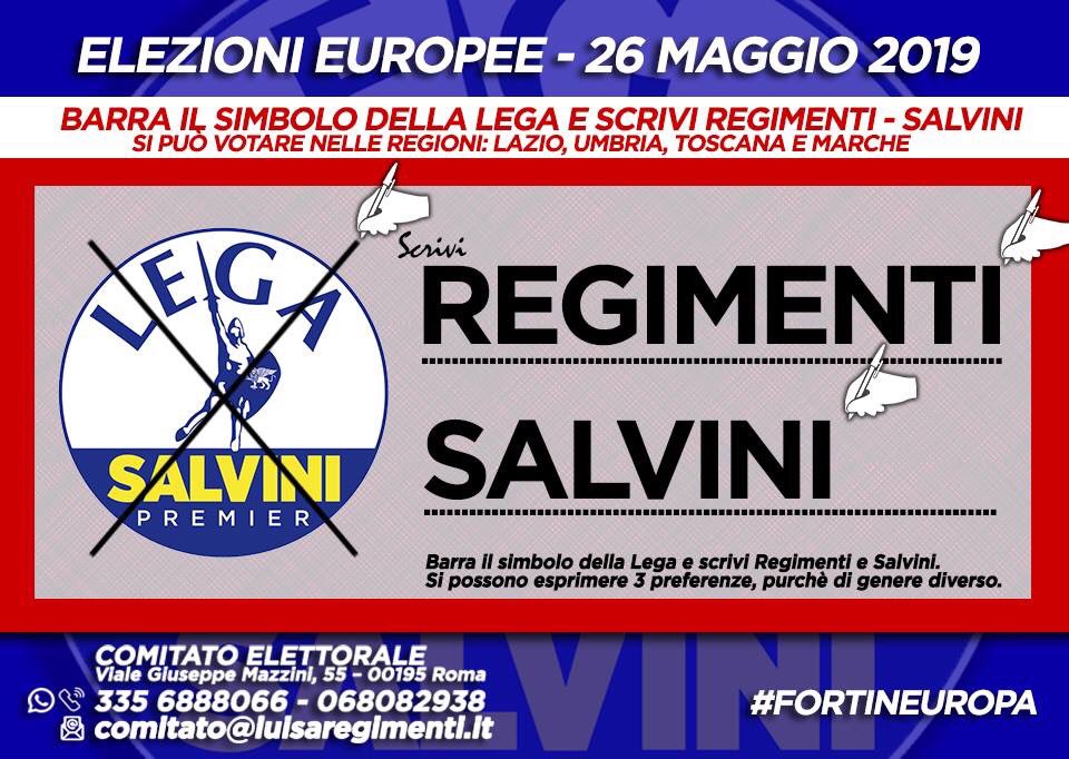 luisaregimenti's tweet photo. Il 26 Maggio alle Elezioni Europee barra il simbolo della LEGA e scrivi REGIMENTI - SALVINI

Si può votare nelle Regioni Lazio, Umbria, Toscana e Marche.

#fortineuropa #salvini #regimenti #primalitalia https://t.co/d3ORKl6j4g