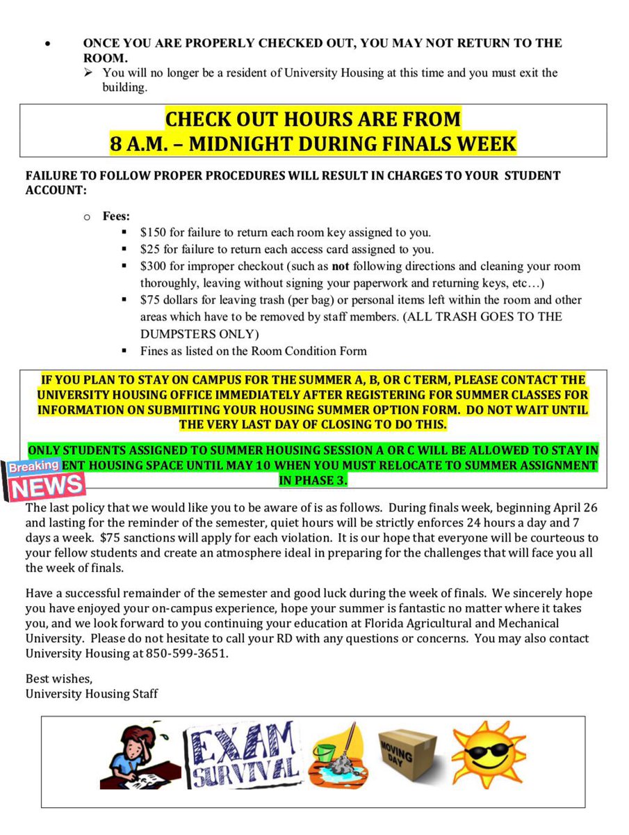 FAMU2022's tweet photo. Good Morning Rattlers, beginning today April 26th through May 3rd, quiet hours are now enforced 24/7 in the dorms. There will be a $75 fine each time you fail to follow the rules. Please respect those in the same space as you &amp; around you as we enter finals week. Good Luck🎉🐍 https://t.co/o3ui34xK7n
