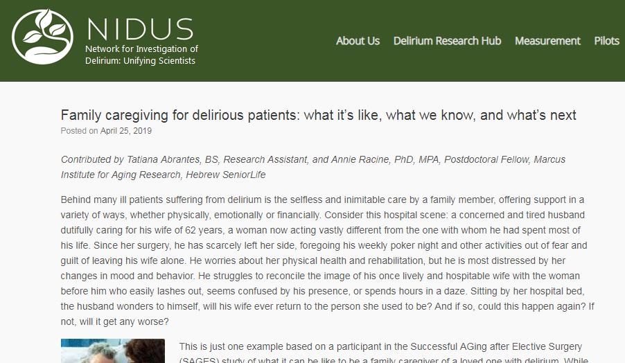 New on the NIDUS Blog: "Family caregiving for delirious patients: what it’s like, what we know, and what’s next."
deliriumnetwork.org/family-caregiv…
#delirium #caregivers

<a href="/sharon_inouye/">Sharon Inouye, MD</a> <a href="/ElderLifeProg/">HELP</a>
