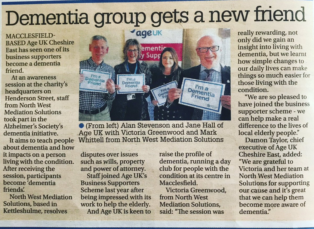 nw_mediation's tweet photo. Lovely feature in the #Macclesfieldexpress about the @DementiaFriends training we recently undertook with @AgeUKCE. Would highly recommend - simple changes can make such a huge difference to those living with dementia #Dementia #dementiaawareness #dementiafriends #ageuk #Cheshire https://t.co/reValhRbzq