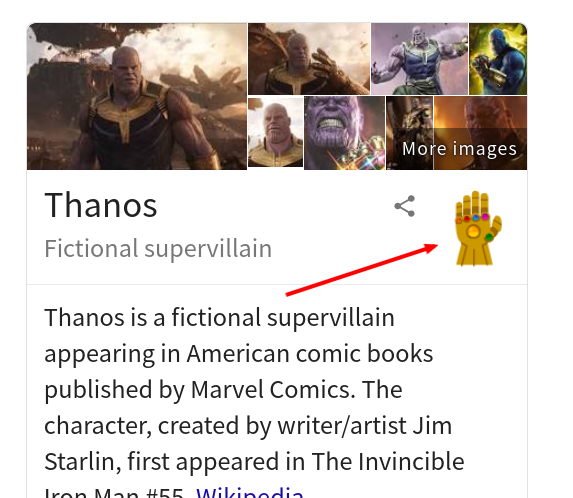 ruanyf's tweet photo. 谷歌搜索灭霸的名字 thanos，点击右上角的金手套，看看会发生什么。 https://t.co/wfJF2etBVt