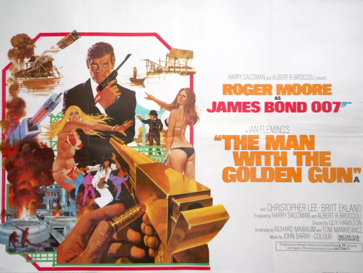 Original British quad movie poster for The Man with the Golden Gun, 1974. #JamesBond #RogerMoore #ChristopherLee #BrittEkland #MaudAdams #HerveVillechaize #CliftonJames